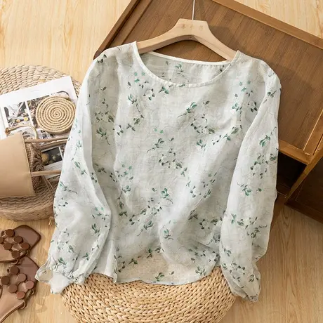 享永子碎花苎麻上衣女文艺复古宽松显瘦棉麻T恤日系2024夏季新款图片