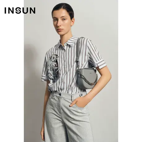 INSUN恩裳夏季条纹小众立领衬衫图片