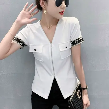 时尚双拉链T恤女ins潮设计感洋气开叉上衣修身百搭短袖开衫女装夏商品大图