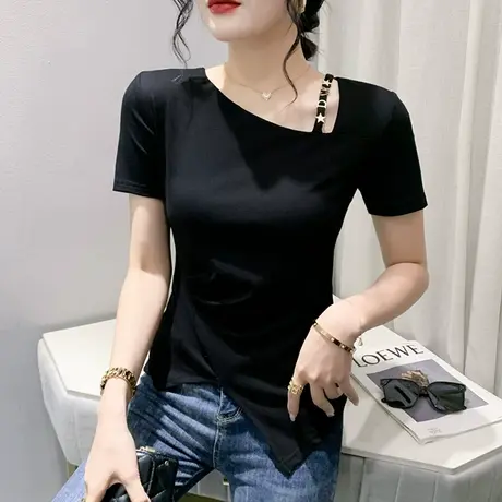 欧货不规则短袖T恤女ins设计感开叉上衣洋气修身小衫百搭别致体恤商品大图