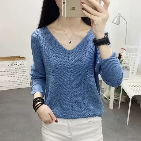 V领镂空针织衫宽松罩衫上衣女2024年新款长袖春季薄款打底毛衣女图片