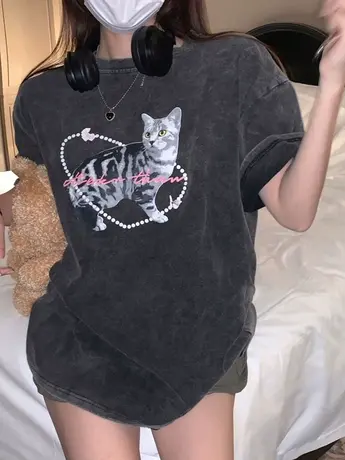 潮牌水洗做旧短袖t恤女2025夏季新款设计感小众美式复古正肩上衣商品大图