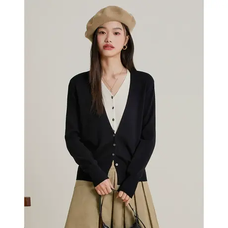 弥古黑色假两件针织衫开衫女外套秋冬v领撞色毛衣高级感修身上衣图片