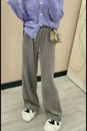 雪尼尔阔腿裤女春秋2023年新款高腰垂感直筒灰色灯芯绒休闲裤女裤商品大图