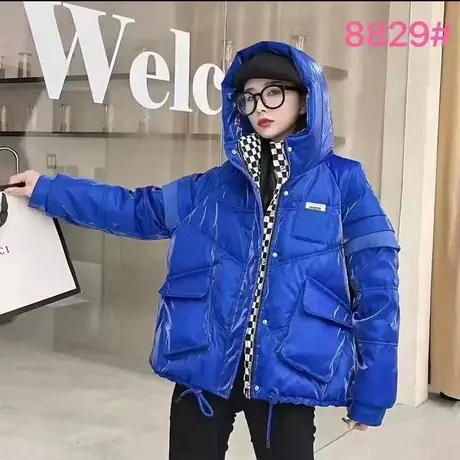 克莱因蓝格子拼接短款小个子羽绒服女2023冬季新款连帽白鸭绒外套图片