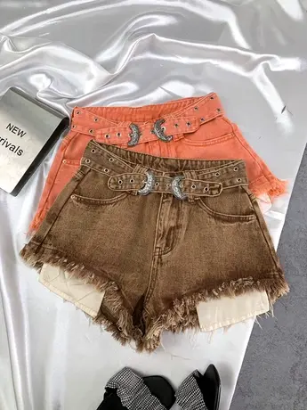 美式绑带露口袋毛边牛仔短裤2023秋季新款显瘦百搭高腰包臀a字裤图片