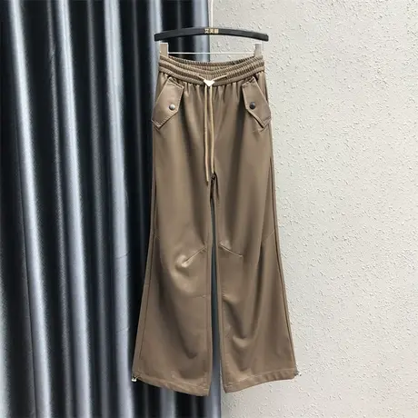 欧货休闲裤女2023秋冬新款咖啡色松紧腰高腰百搭PU皮阔腿直筒长裤商品大图