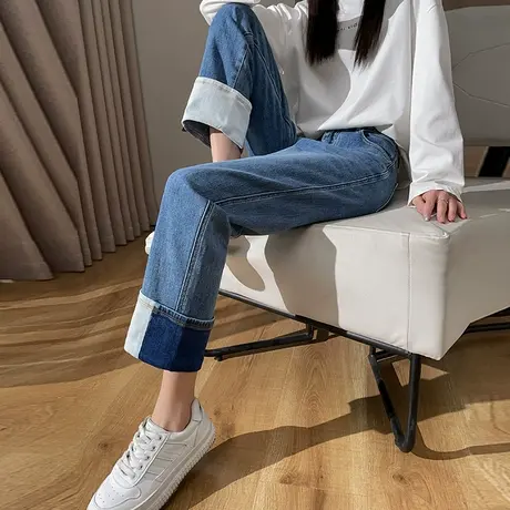 卷边直筒牛仔裤女2024年夏季薄款高腰修身显瘦小个子九分烟管裤潮商品大图