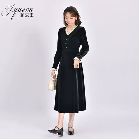 金丝绒连衣裙女春季新款茶歇法式复古气质收腰显瘦v领长袖小黑裙图片