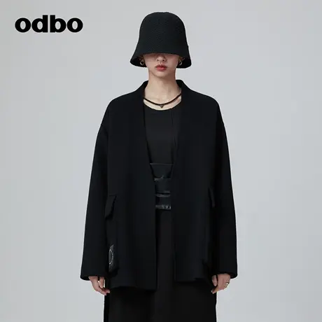 odbo 黑色双面羊绒大衣女秋冬装新款系腰带高级感毛呢外套商品大图
