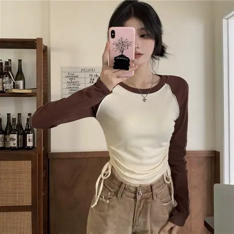 辣妹短款抽绳长袖T恤秋季2024新款修身时尚不规则设计打底上衣女商品大图