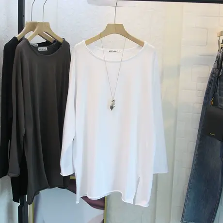长袖t恤女2021秋装新款中长款露锁骨宽松设计感开叉白色体恤上衣商品大图