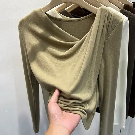 设计感女人味褶皱长袖T恤女2023早秋新款洋气打底衫体恤漂亮上衣商品大图