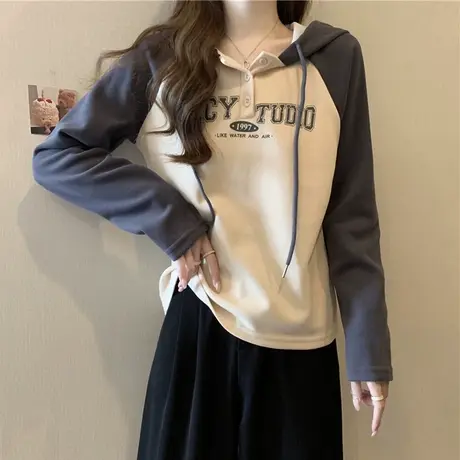 拼接撞色插肩连帽长袖T恤女春秋韩版宽松显瘦洋气减龄上衣服潮ins商品大图