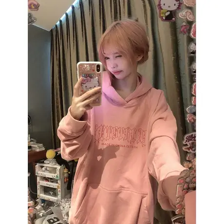 胖mm超火粉色带帽卫衣女秋冬chic甜辣风oversize加绒外套上衣商品大图