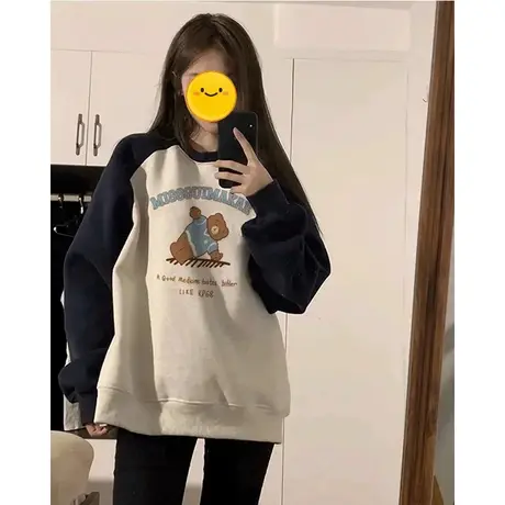 卫衣女大码胖mm遮屁股学院风休闲外套潮ins秋冬加绒长袖打底上衣商品大图