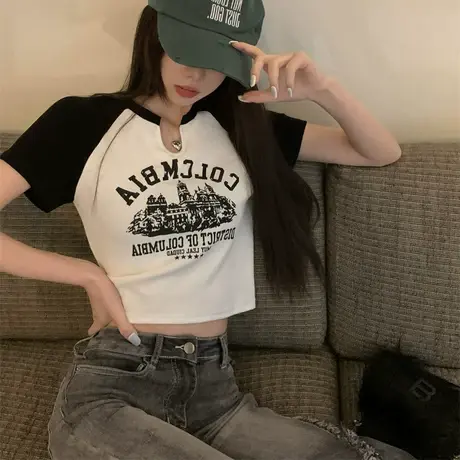 美式辣妹复古打底衫小个子撞色内搭短袖T恤女装夏季显瘦短款上衣图片