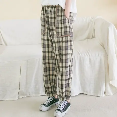 【买一送一】春格子棉质格纹长裤大码宽松遮肉显瘦透气直筒哈伦裤商品大图