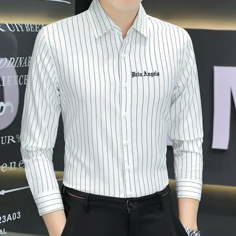 2023春秋新款免烫长袖衬衫男士轻商务刺绣条纹衬衣上班职业装寸衫图片