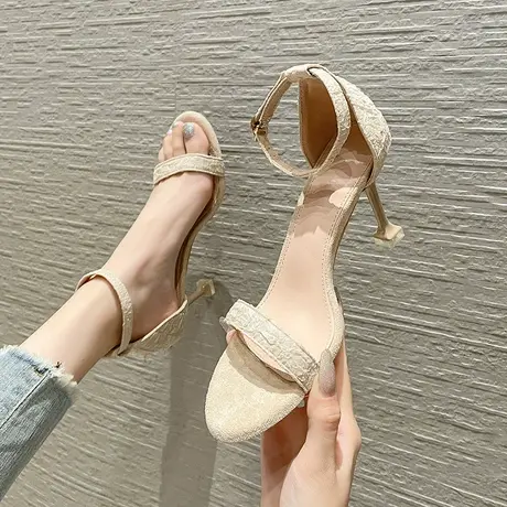 一字带露趾时装高跟鞋女细跟2024年夏季新款性感气质绸缎职业凉鞋商品大图