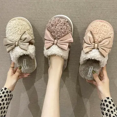蝴蝶结棉拖鞋女秋冬季可爱室内居家静音防滑软底毛绒月子保暖拖鞋商品大图