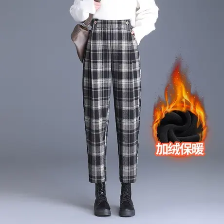 加绒格子休闲裤女冬季2023新款高腰宽松小个子哈伦裤时尚萝卜裤厚图片
