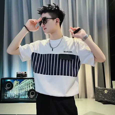 夏装新款男装拼接条纹短袖夏季男款潮牌痞帅个性半袖T恤男高级感商品大图