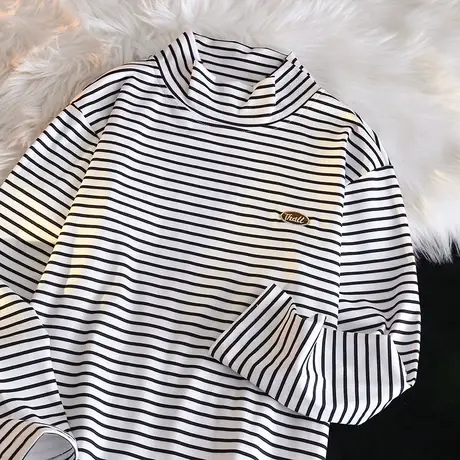 2023半高领打底衫女内搭加绒加厚德绒秋冬季宽松长袖t恤条纹上衣商品大图