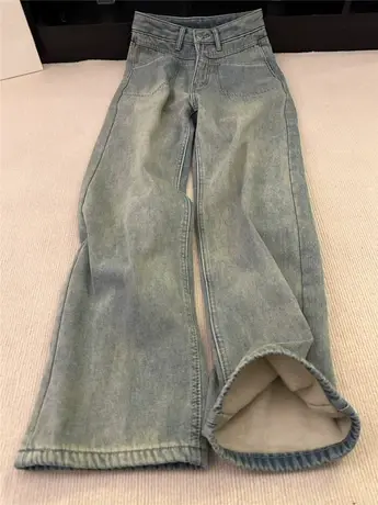 复古蓝色加绒加厚直筒牛仔裤女秋冬2024新款高腰垂感拖地阔腿长裤图片