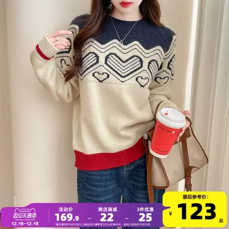 唐狮秋冬新款慵懒复古风图案圆领套头毛衣女2023秋冬小个子穿搭PO图片