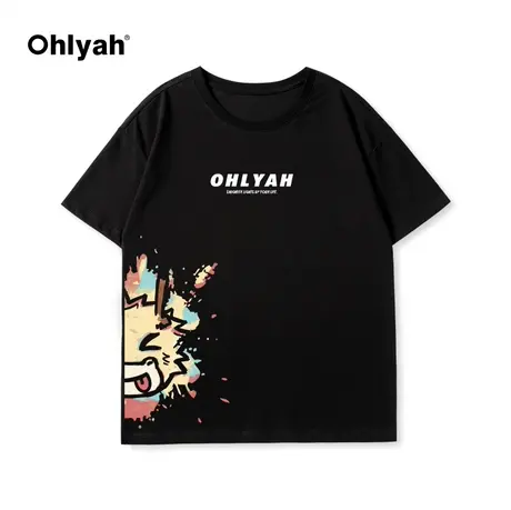 Ohlyah春夏新款彩色涂鸦卡通小龙印花短袖t恤男女款纯棉情侣打底商品大图