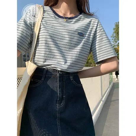 yoe短袖t恤女小个子别致条纹复古美式休闲纯棉上衣ins小众设计感图片