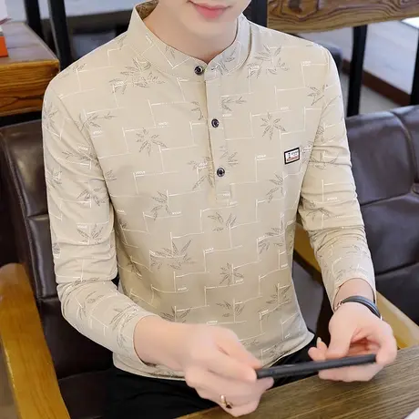 2021新款春季男士长袖t恤纯棉立领潮流polo衫青年汗衫打底衫男装商品大图