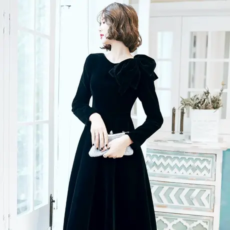 黑色高端大气晚礼服裙平时可穿宴会优雅显瘦年会女丝绒气质高贵商品大图