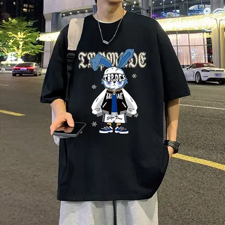 国潮复古卡通印花宽松夏季短袖T恤男潮牌vintage美式嘻哈重磅纯棉图片