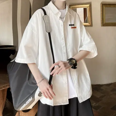 港风翻领开衫冰丝宽松短袖衬衫男夏季薄款2023年简约休闲半袖衬衣商品大图