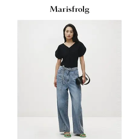 【松弛裤装】玛丝菲尔2025春新款蓝色设计感小众宽松阔腿牛仔裤女图片