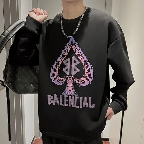 美式高级感印花卫衣男春季2024新款重磅网红个性痞帅长袖T恤上衣商品大图