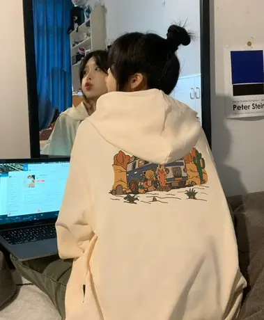 oversize设计感趣味印花早秋卫衣女ins潮牌春秋薄款宽松连帽外套商品大图