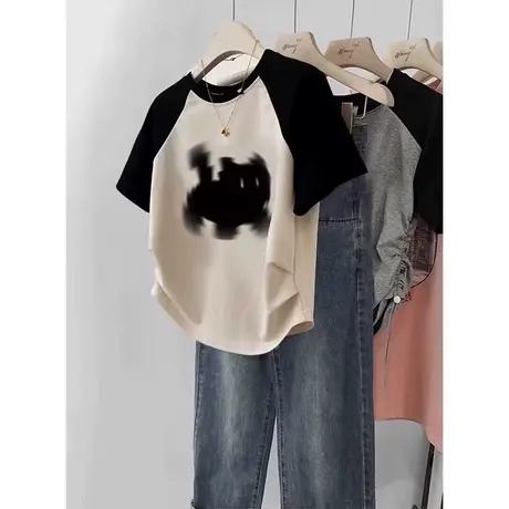 小个子短款插肩短袖t恤女ins潮夏季女装2024新款宽松休闲半袖上衣商品大图