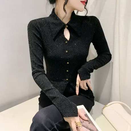 时尚纽扣衬衫设计感气质显瘦重工烫钻上衣女长袖春季洋气打底衫潮图片