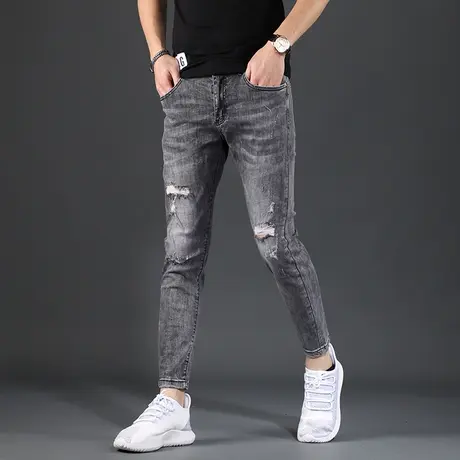 破洞九分牛仔裤男潮牌修身小脚乞丐9分韩版潮流百搭夏款薄款裤子商品大图