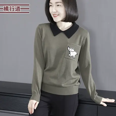 2024春季新款简约休闲翻领撞色口袋宽松针织长袖女装大码上衣外穿商品大图