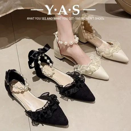 包头凉鞋女2024年新款夏季仙女风淑女中空单鞋法式尖头粗跟高跟鞋商品大图