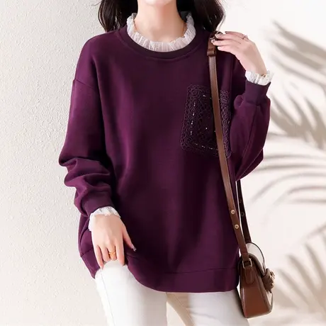 【3月4春新品8折】时尚宽松休闲蕾丝拼接卫衣设计感百搭长袖上衣图片