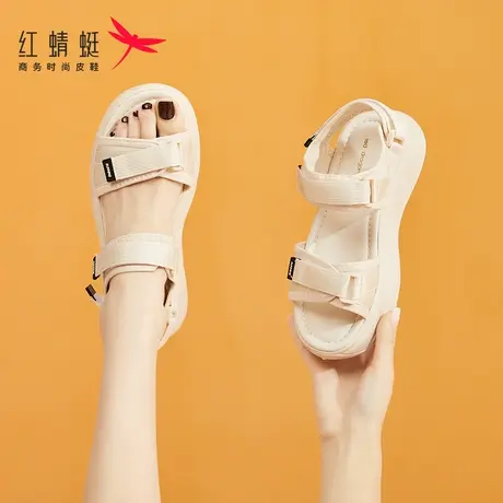 红蜻蜓休闲凉鞋女2023夏季新款软底魔术贴防滑厚底孕妇舒适沙滩鞋商品大图