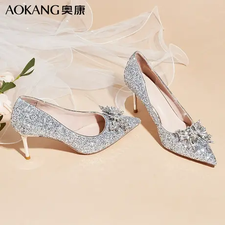 奥康女鞋新款法式高跟鞋婚鞋秀禾细跟尖头新娘鞋蝴蝶结鞋子不累脚商品大图