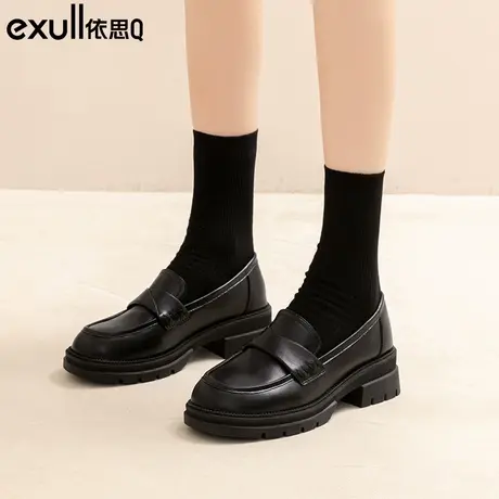 依思q黑色皮鞋女春秋2024新款女鞋厚底乐福鞋女英伦风一脚蹬单鞋图片