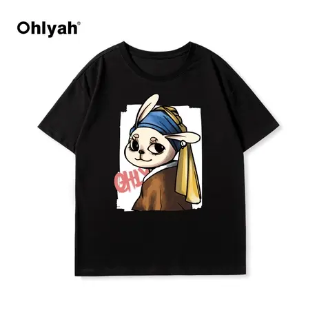 Ohlyah潮牌卡通兔子女神圆领短袖女慵懒风纯棉简约时尚新款T恤女图片