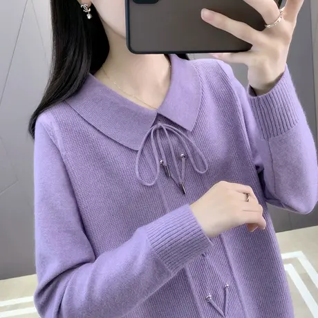 早秋韩系上衣女2023年新款针织衫女士春秋外穿宽松薄款小翻领毛衣商品大图